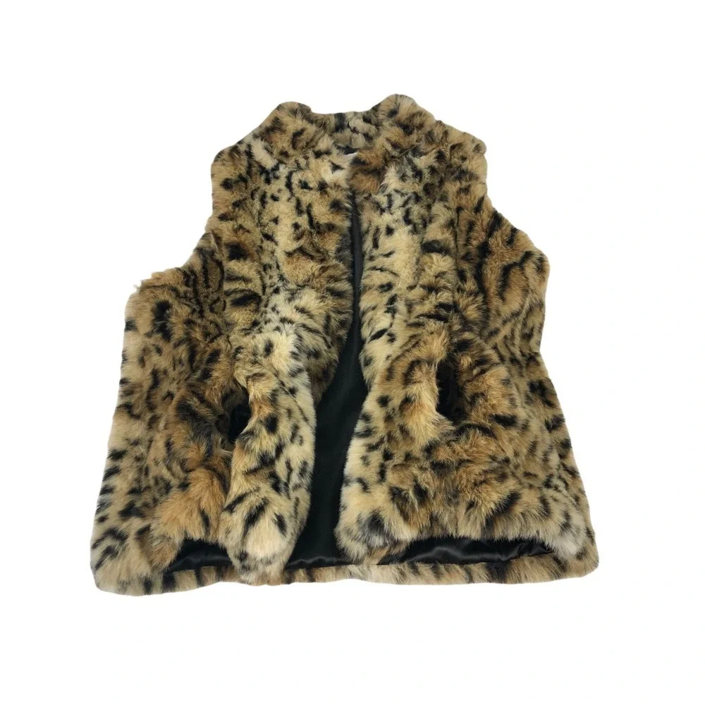 Chicos Leopard Faux Fur Vest Heavy Warm Size 2 Open Front Sleeveless EUC
